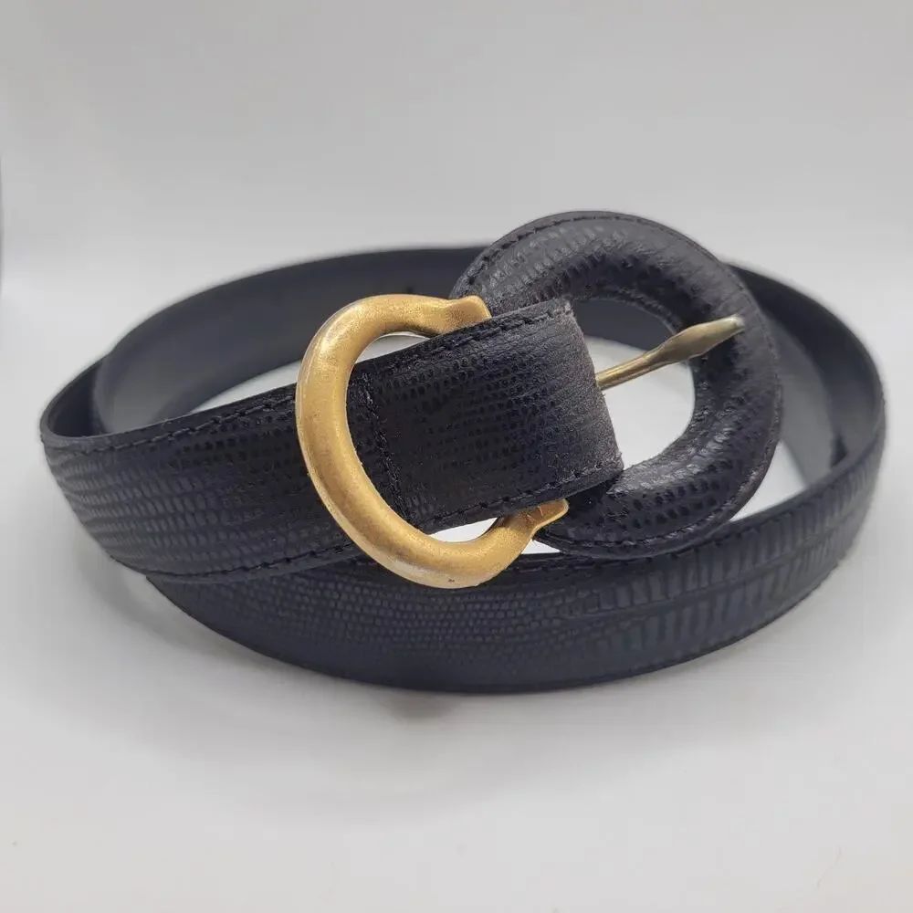 VTG Leather Shop Belt Lg Black Leather Lizard Embossed Round Buckle 80s Retro